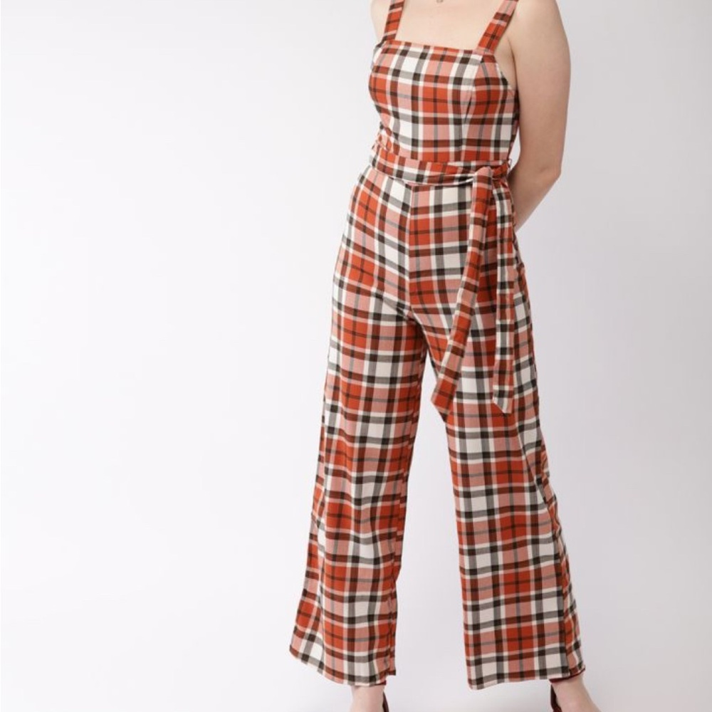 Forever 21 Brown and White Plaid Jumpsuit